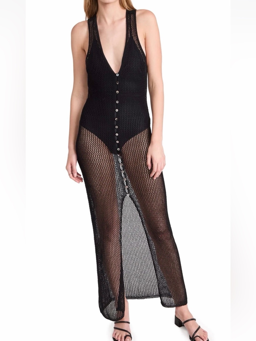 L*Space Womens Adrift Crochet Maxi Dress Swim Cover-Up Size L Black button up